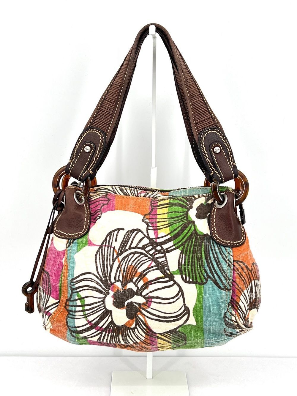 Canvas Floral Multicolor Shoulder Bag with Brown Trim